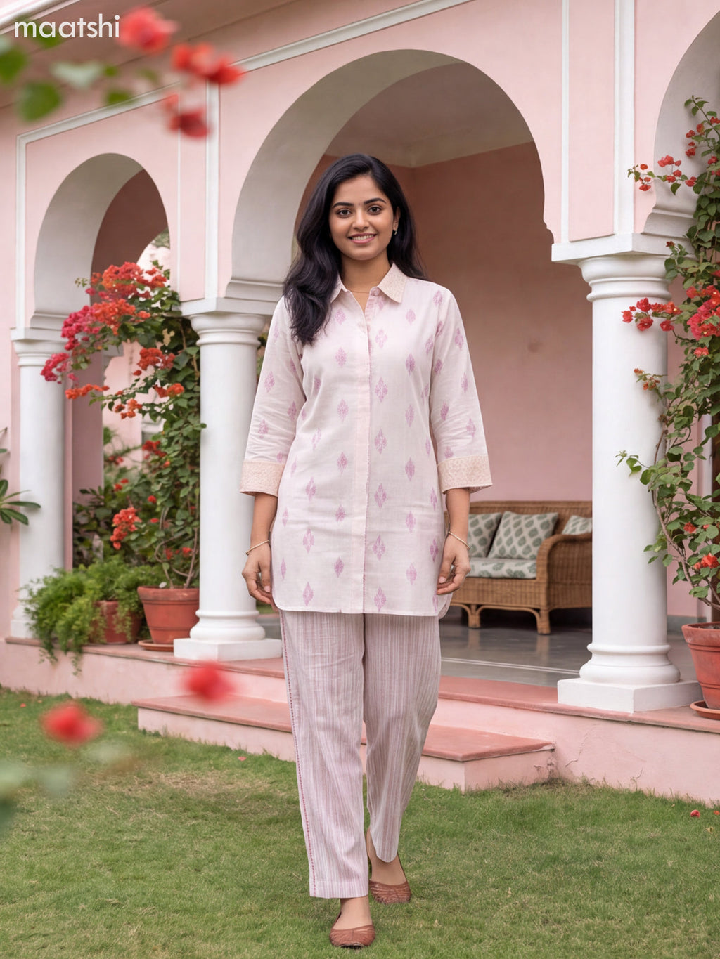 Off White and Maroon Cotton Embroidery Work Short Co-Ord Set