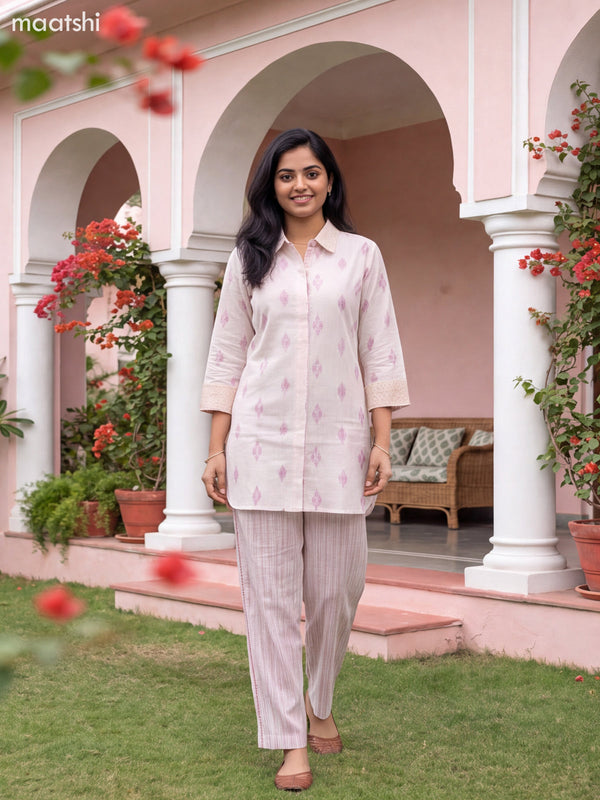 Off White and Maroon Cotton Embroidery Work Short Co-Ord Set