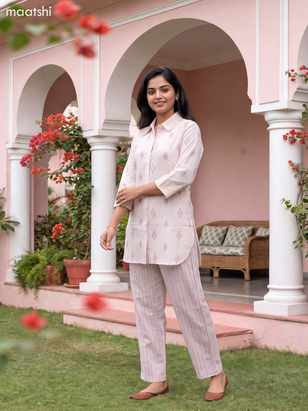 Off White and Maroon Cotton Embroidery Work Short Co-Ord Set