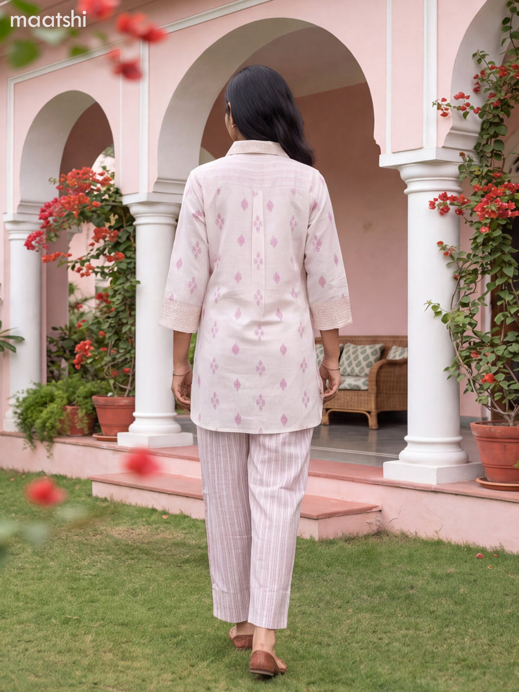 Off White and Maroon Cotton Embroidery Work Short Co-Ord Set