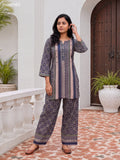 Beige and Blue Cotton Printed & Simple Embroidery Work Short Co-Ord Set