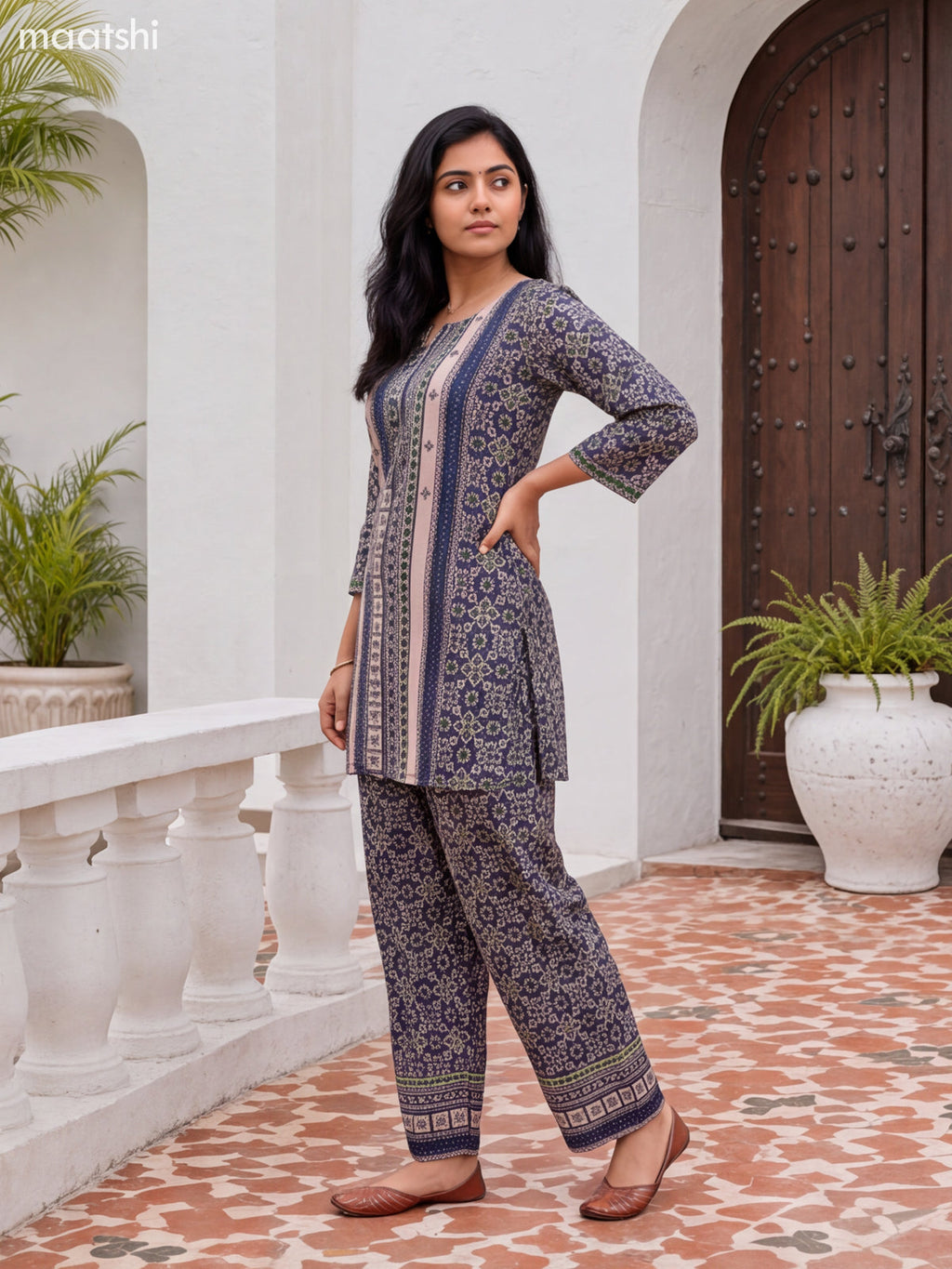 Beige and Blue Cotton Printed & Simple Embroidery Work Short Co-Ord Set