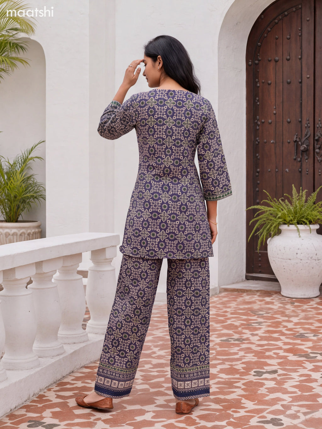 Beige and Blue Cotton Printed & Simple Embroidery Work Short Co-Ord Set