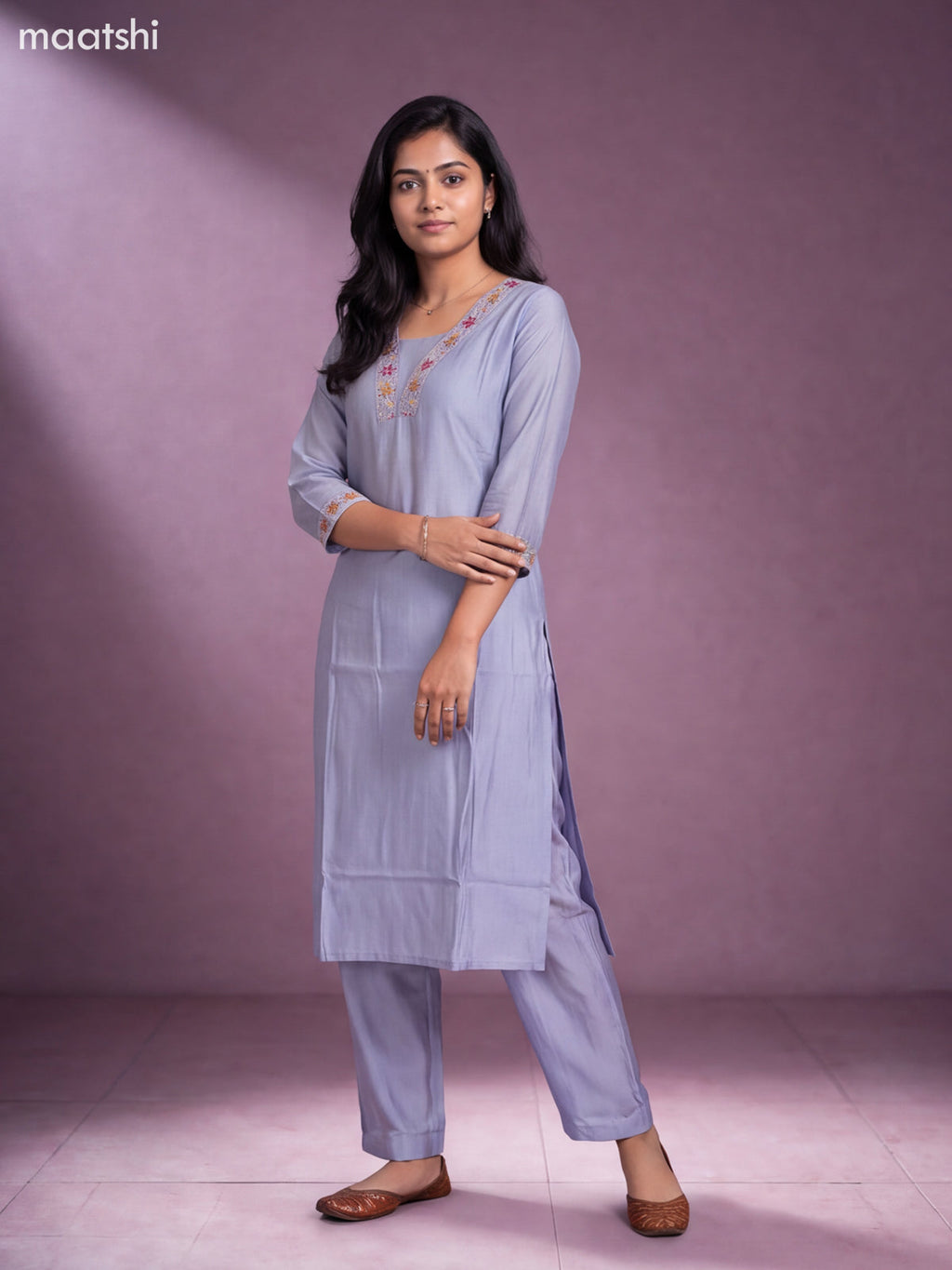 Pastel Grey Chanderi Embroidery Work Kurti Set