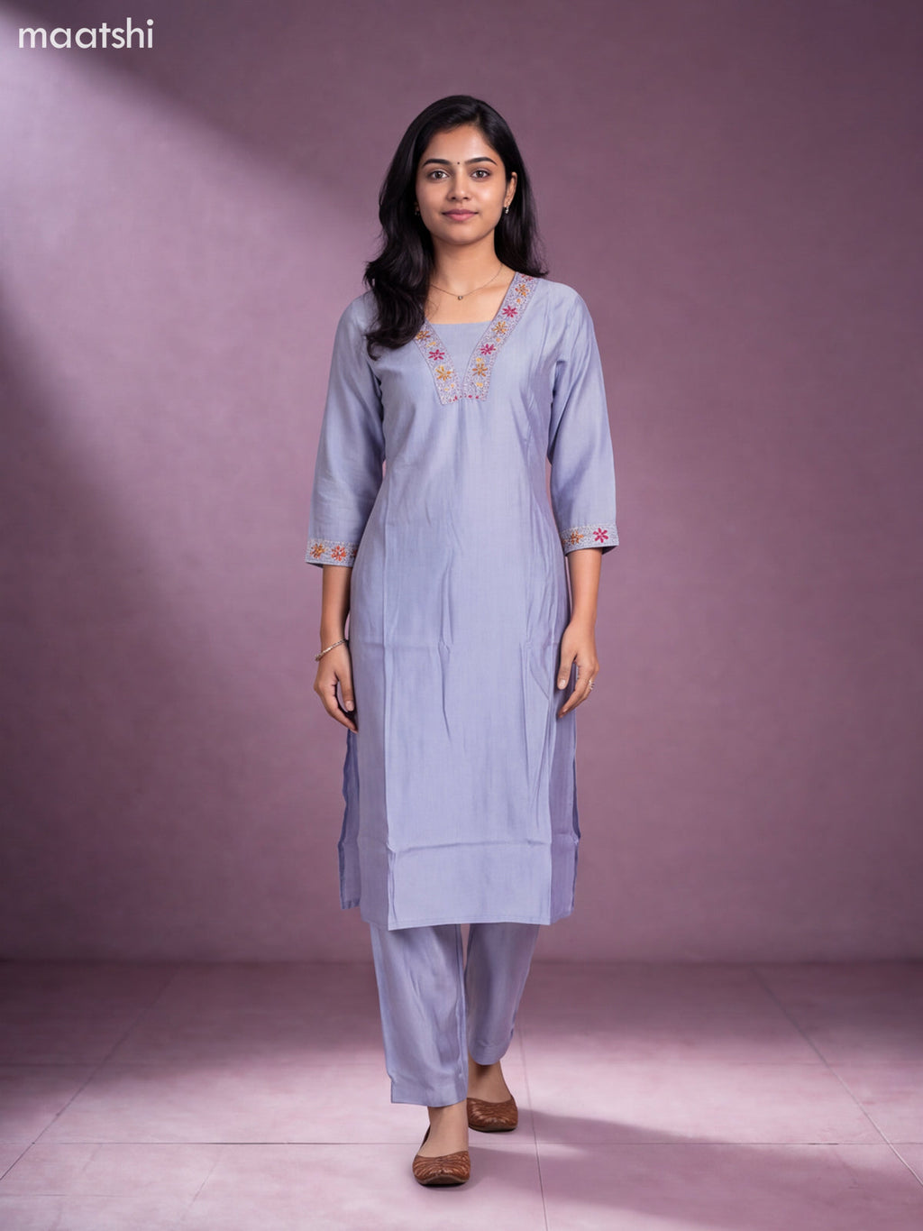 Pastel Grey Chanderi Embroidery Work Kurti Set