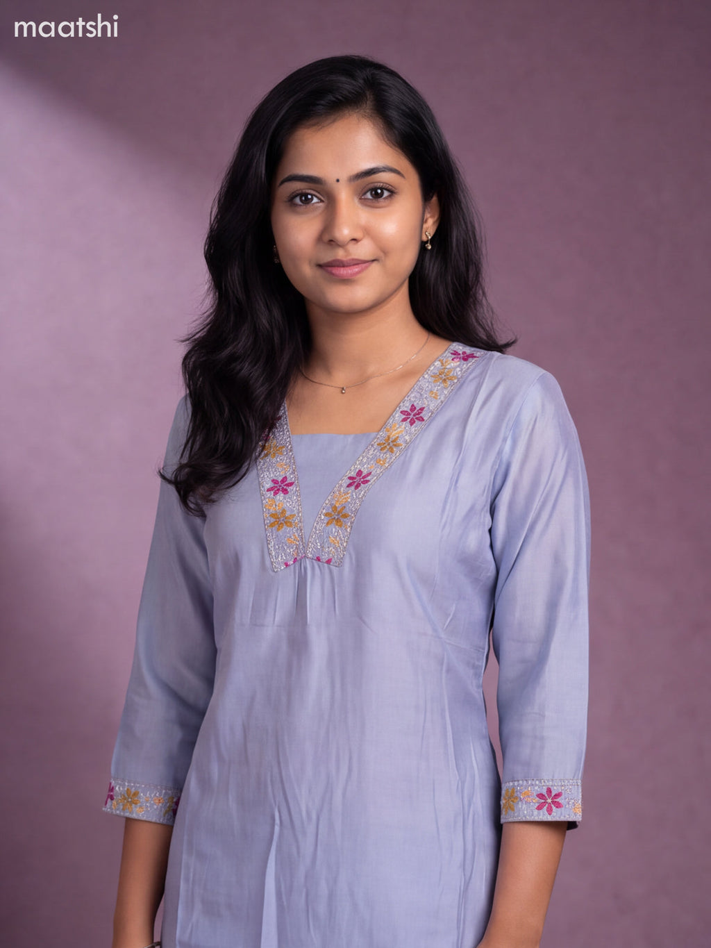 Pastel Grey Chanderi Embroidery Work Kurti Set