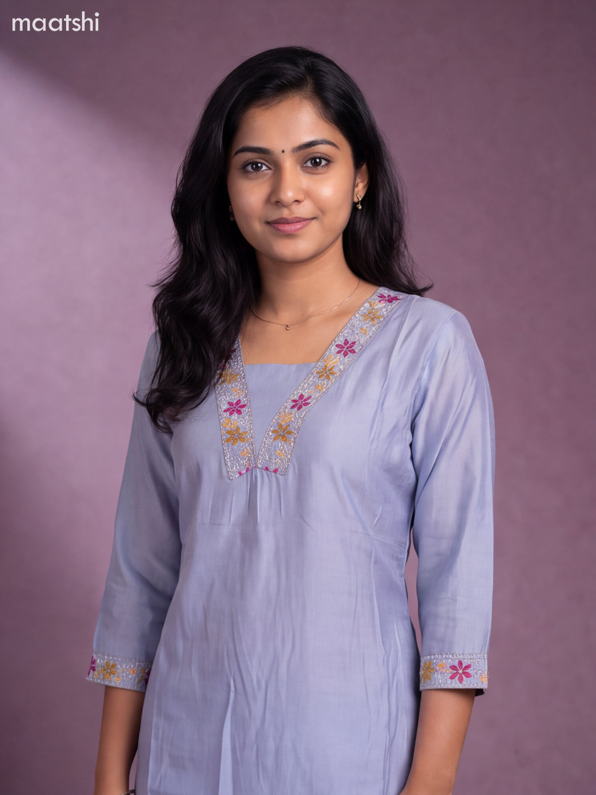 Pastel Grey Chanderi Embroidery Work Kurti Set
