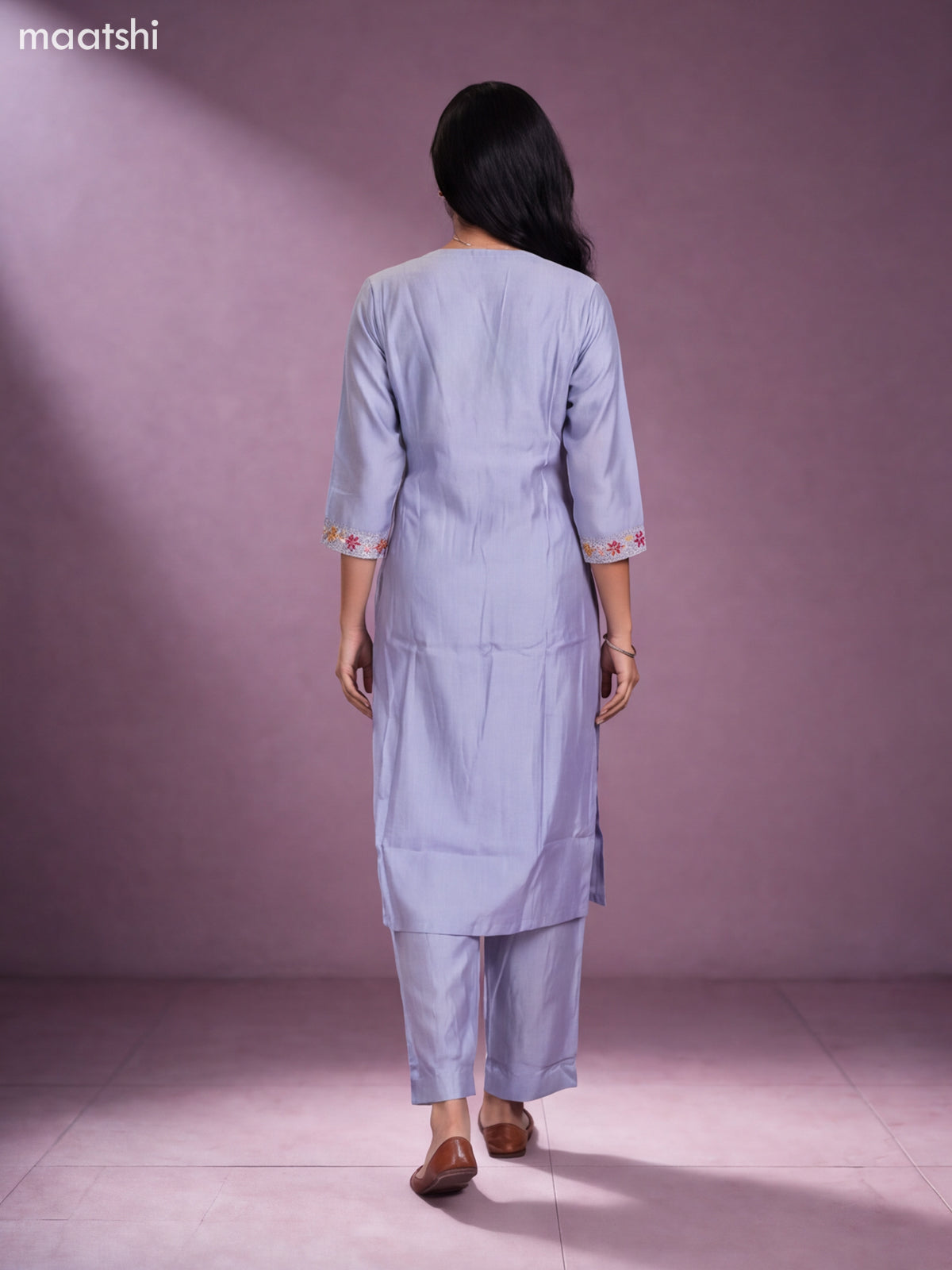 Pastel Grey Chanderi Embroidery Work Kurti Set