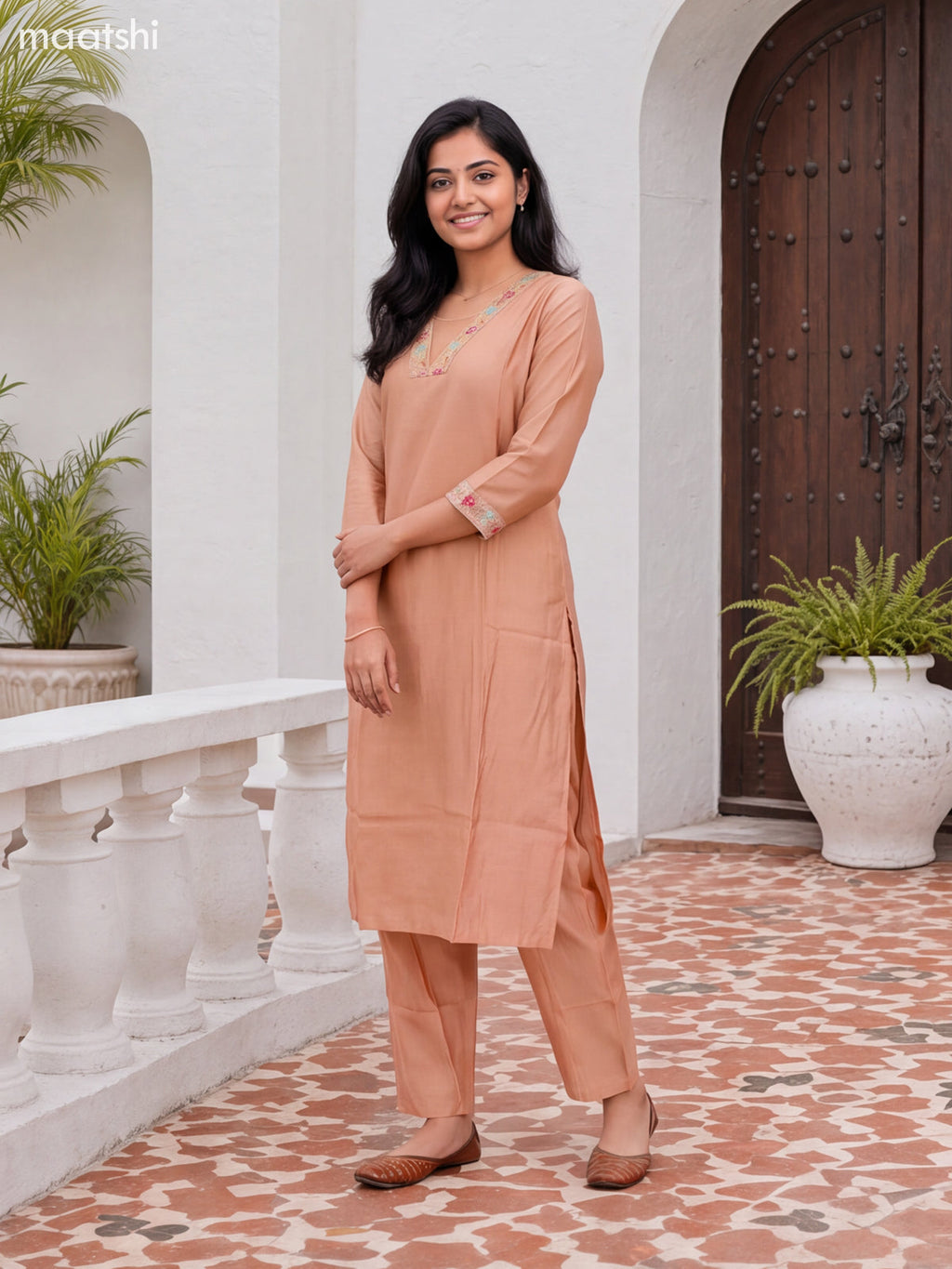 Sandal Chanderi Embroidery Work Kurti Set