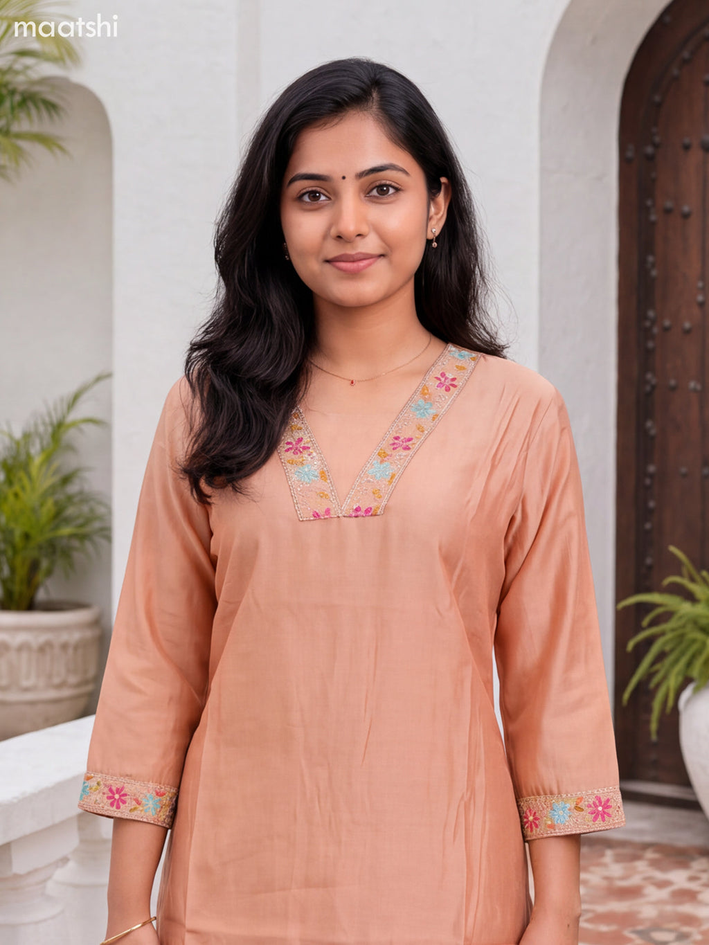Sandal Chanderi Embroidery Work Kurti Set