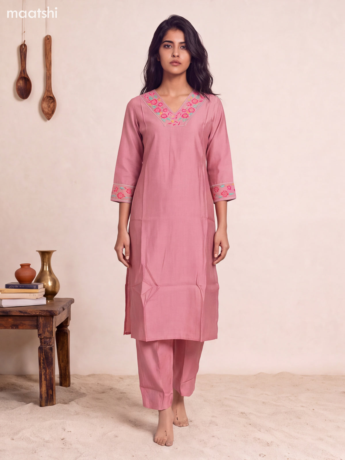 Peach Pink Chanderi Embroidery Work Kurti Set