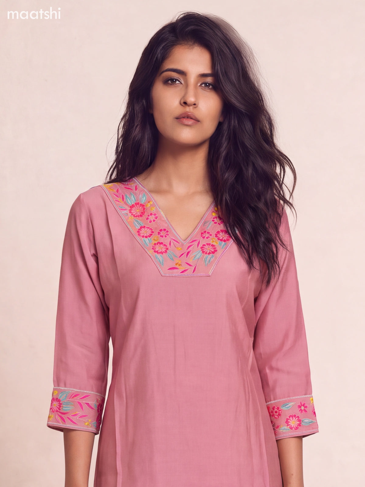 Peach Pink Chanderi Embroidery Work Kurti Set
