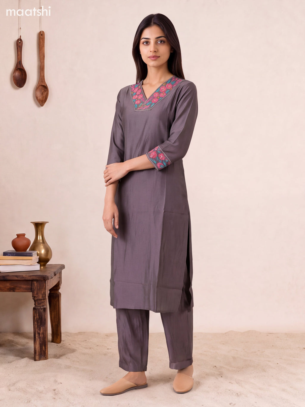 Grey Chanderi Embroidery Work Kurti Set