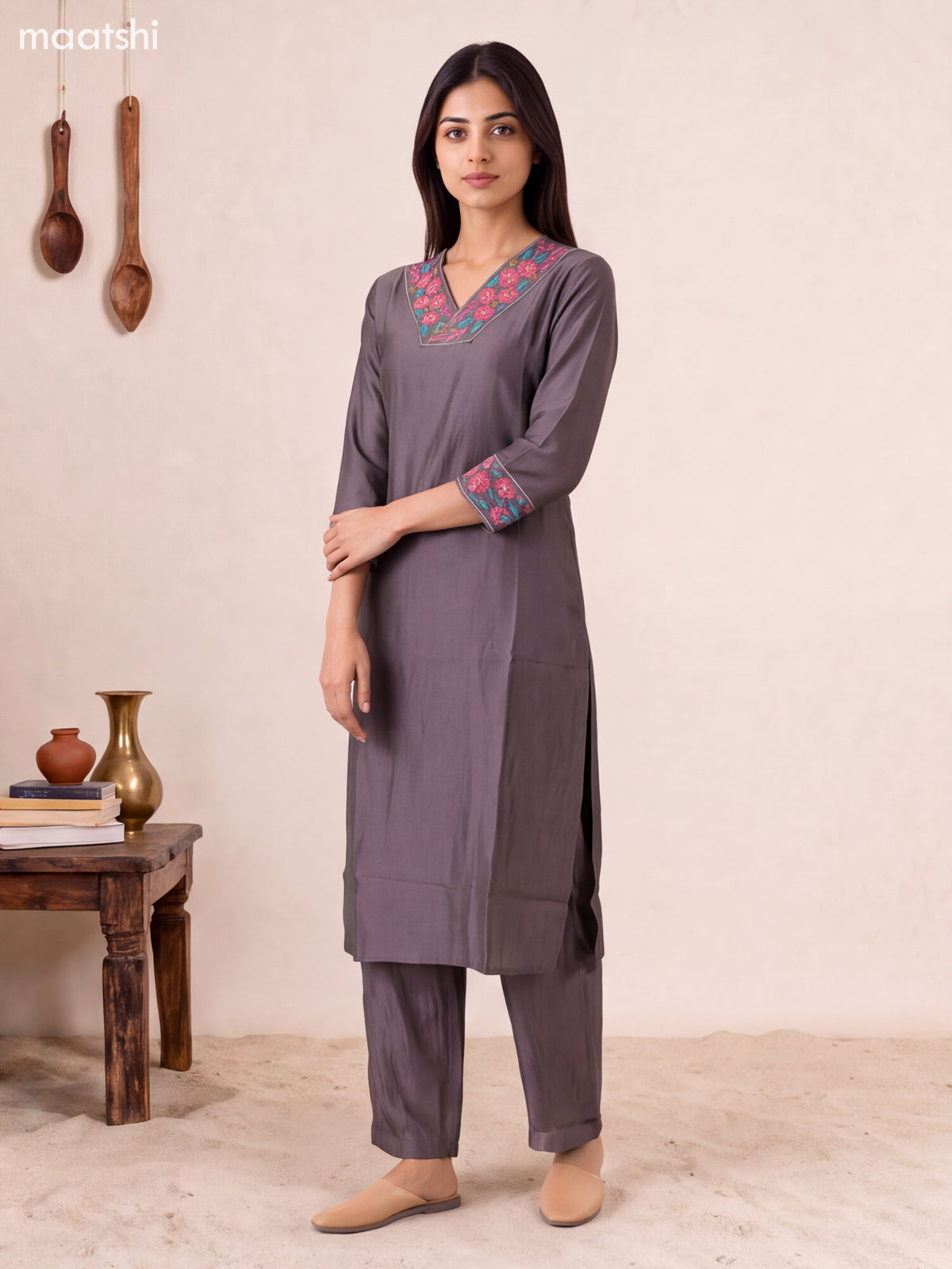 Grey Chanderi Embroidery Work Kurti Set