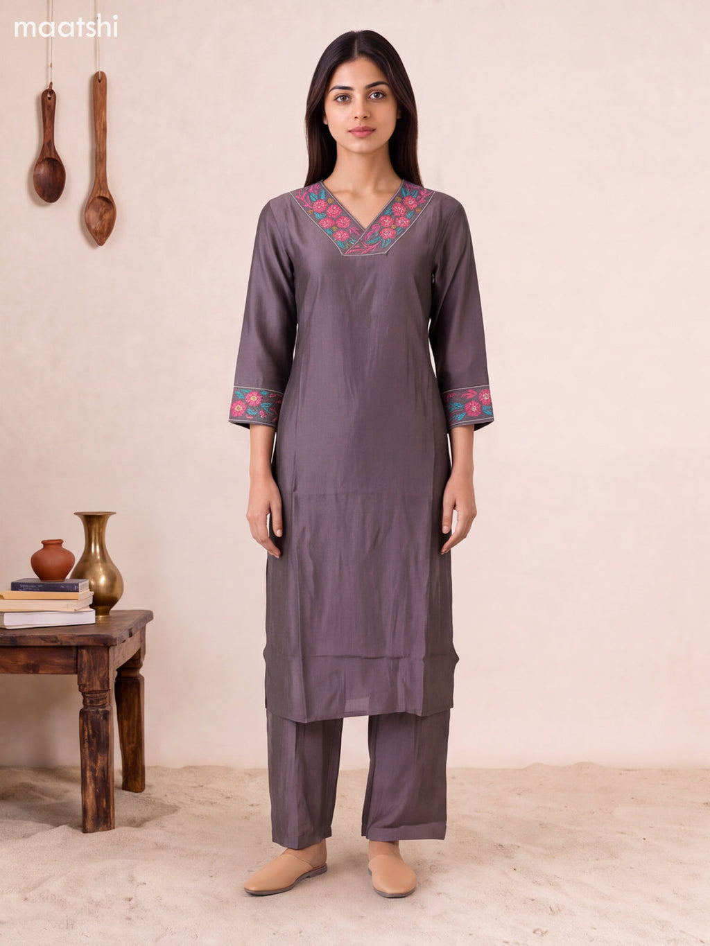 Grey Chanderi Embroidery Work Kurti Set