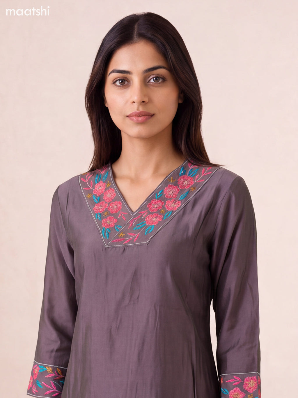 Grey Chanderi Embroidery Work Kurti Set