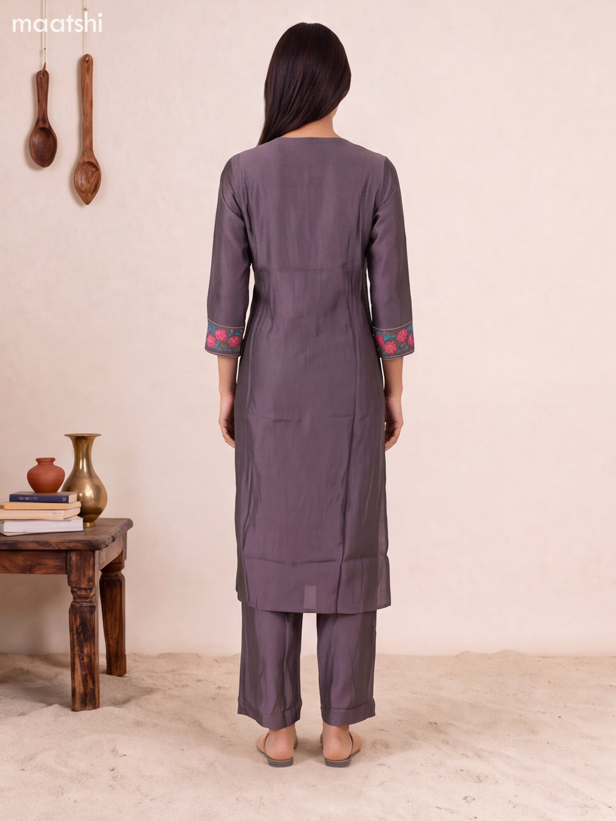 Grey Chanderi Embroidery Work Kurti Set