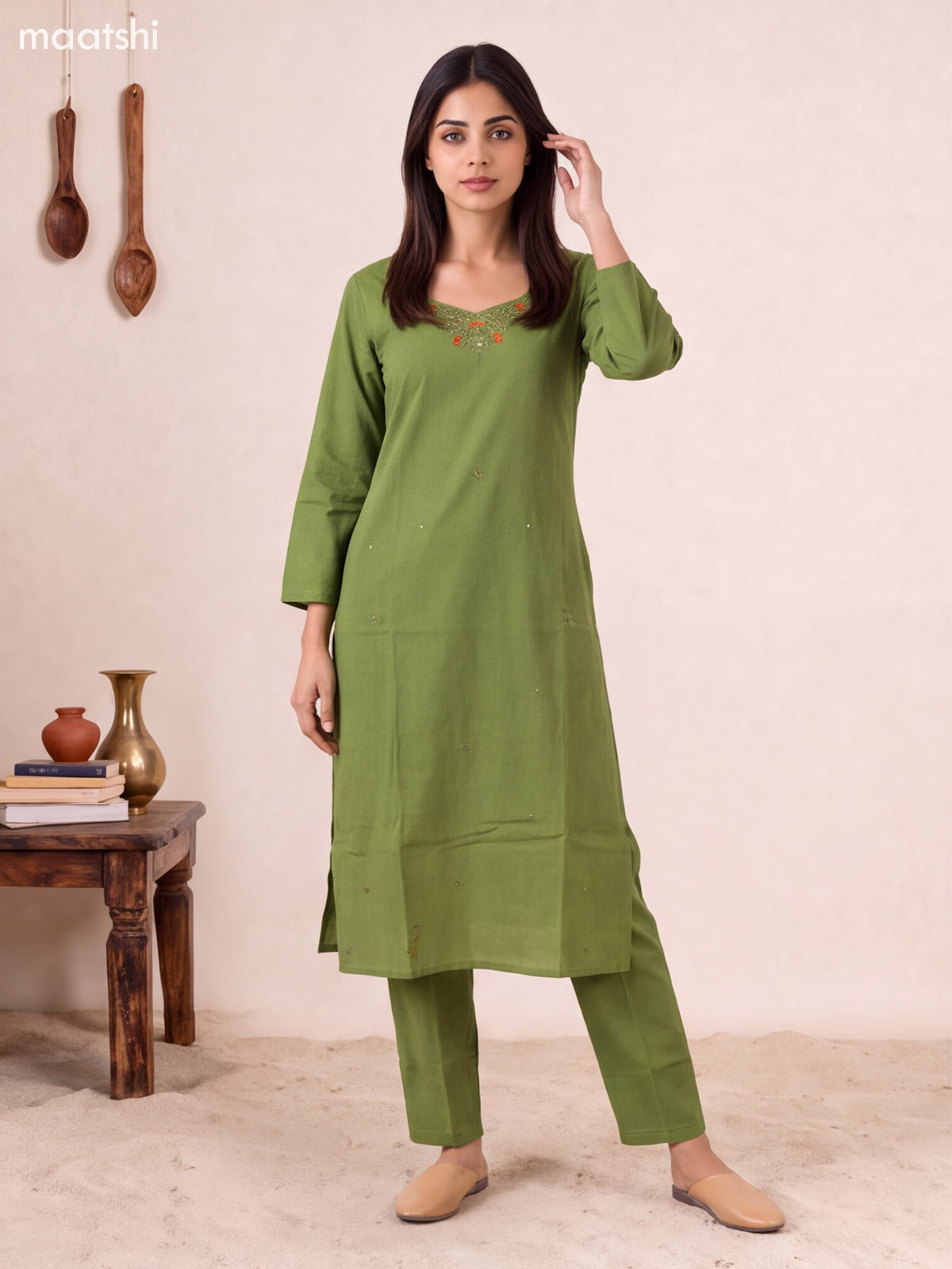 Green Cotton Embroidery Work Kurti Set
