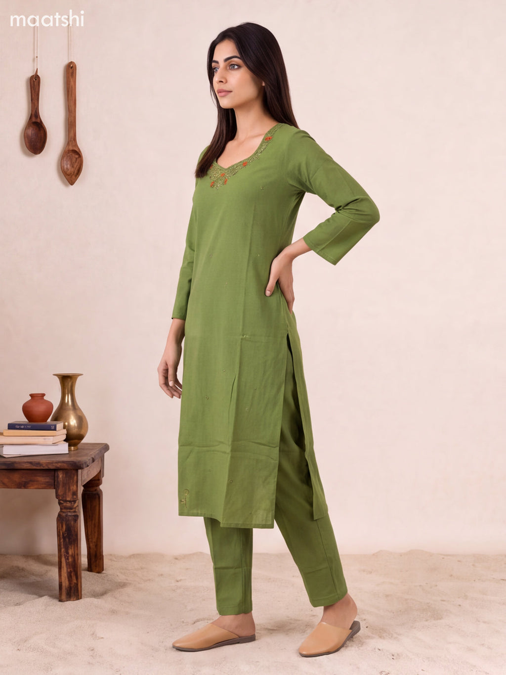Green Cotton Embroidery Work Kurti Set