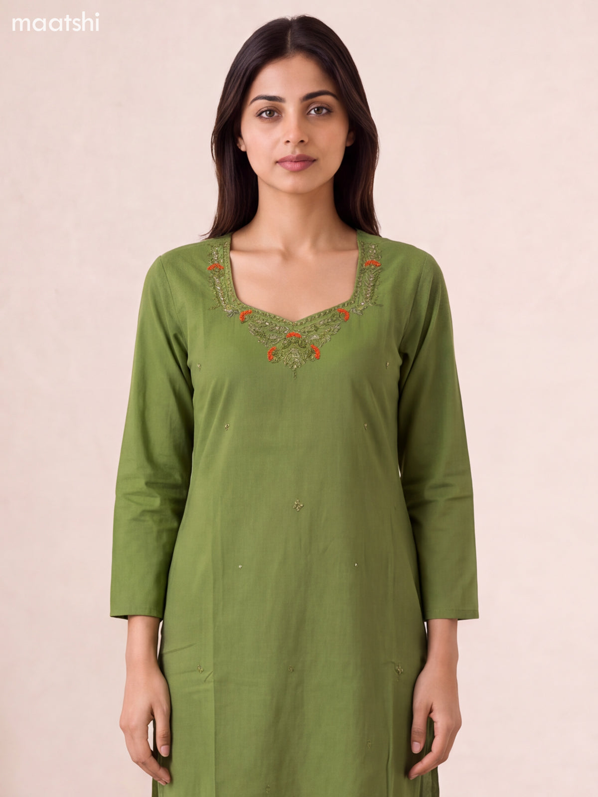 Green Cotton Embroidery Work Kurti Set