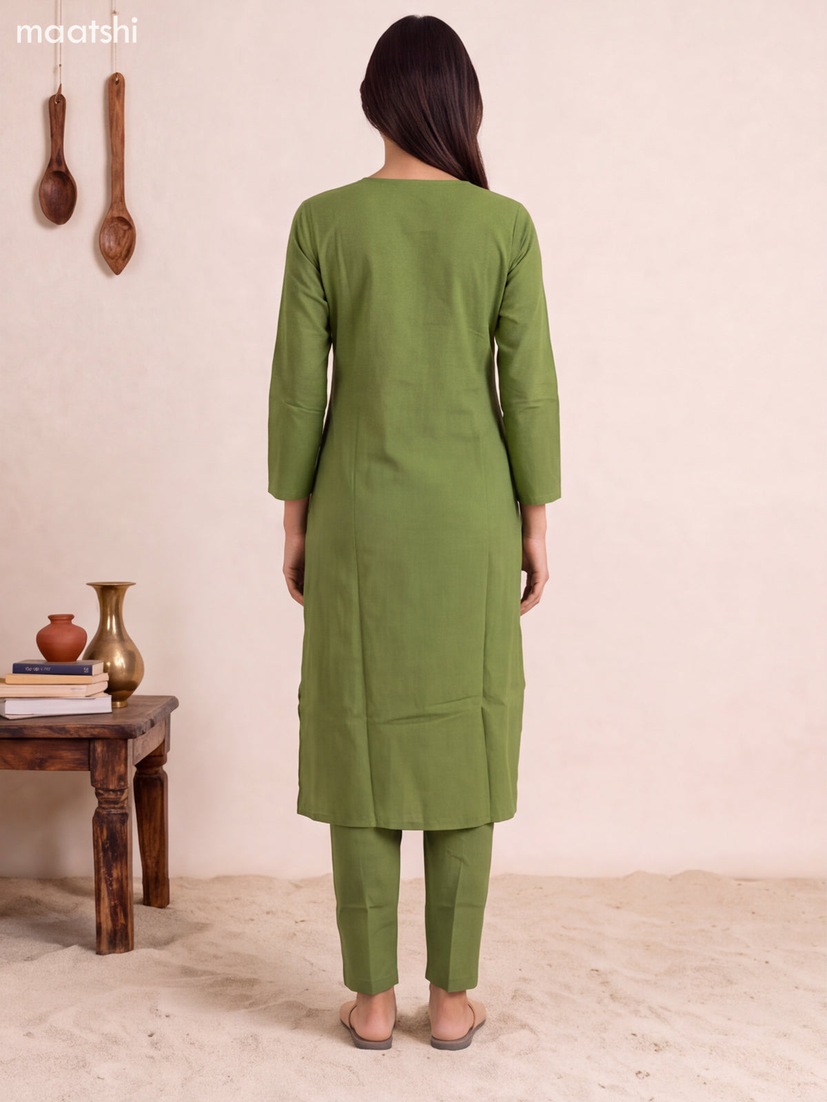 Green Cotton Embroidery Work Kurti Set