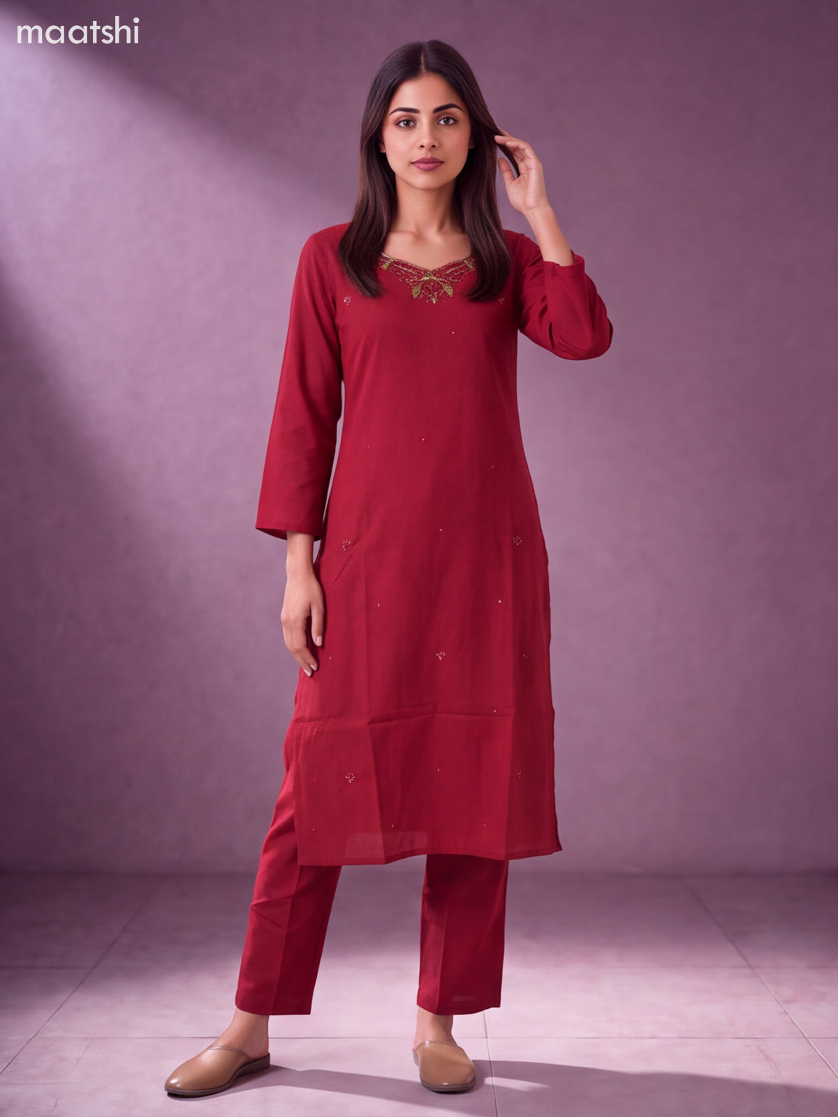 Maroon Cotton Embroidery Work Kurti Set