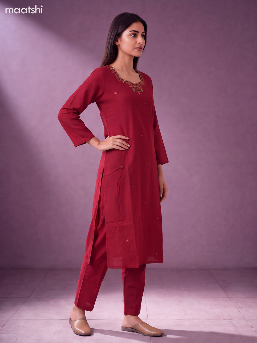Maroon Cotton Embroidery Work Kurti Set