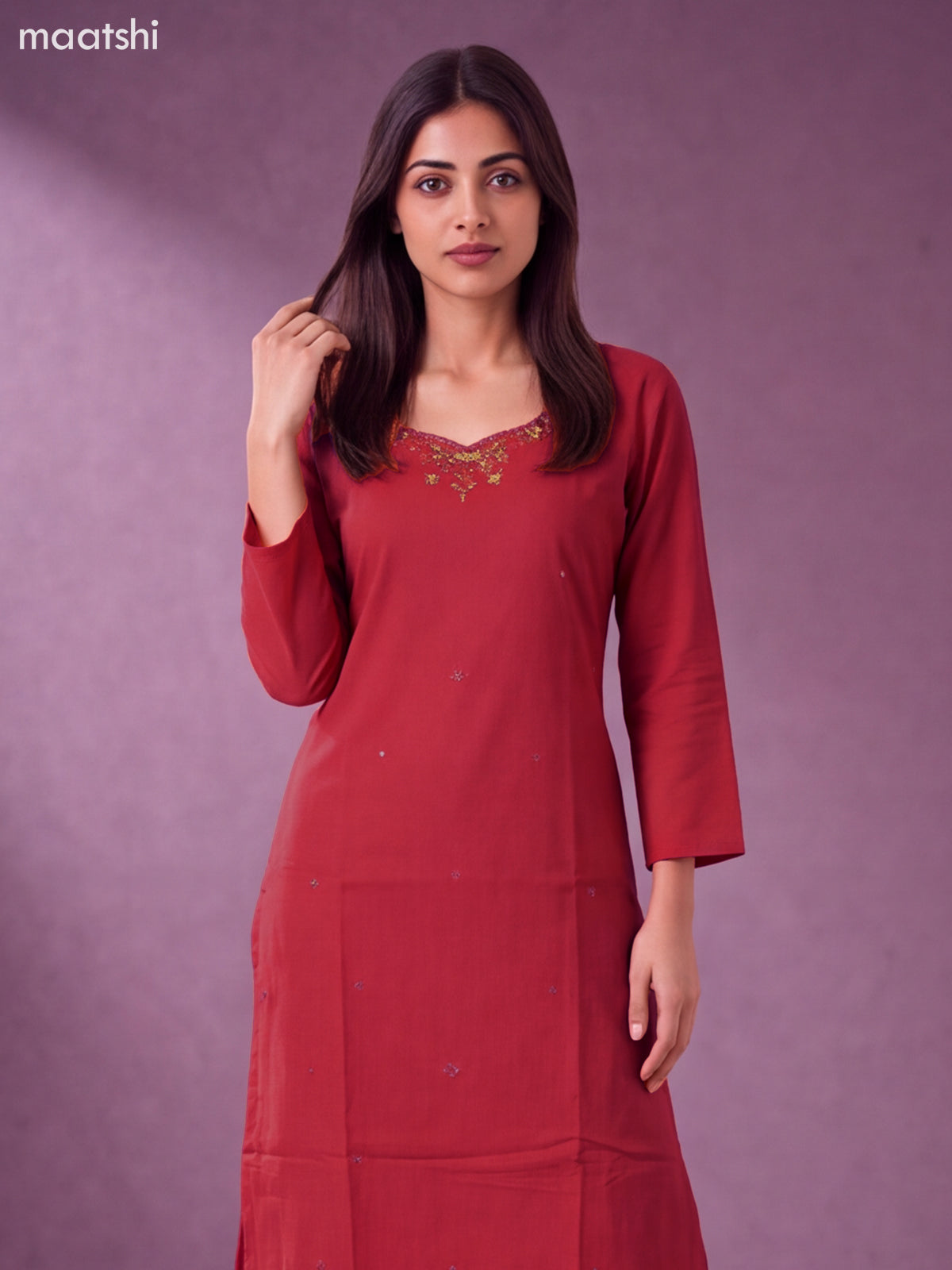 Maroon Cotton Embroidery Work Kurti Set