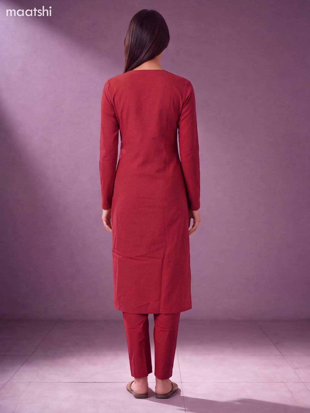 Maroon Cotton Embroidery Work Kurti Set