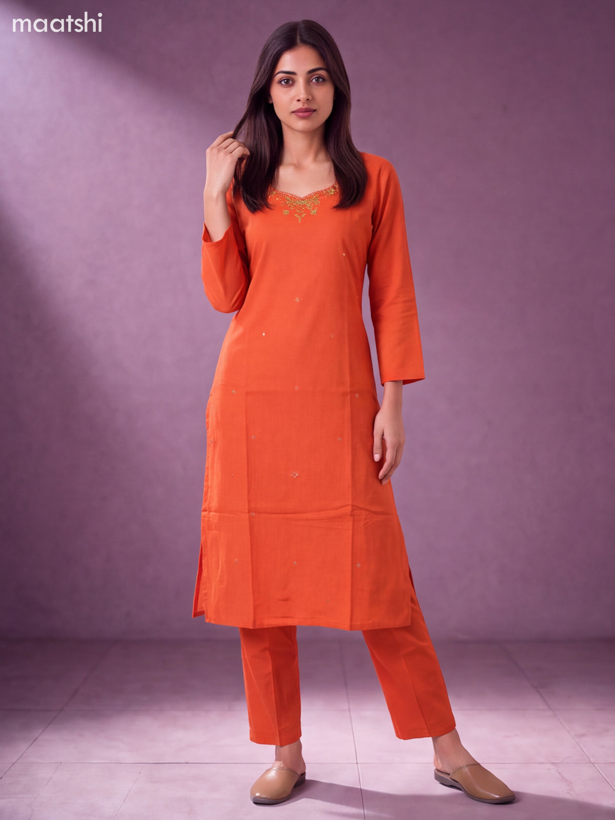 Orange Cotton Embroidery Work Kurti Set