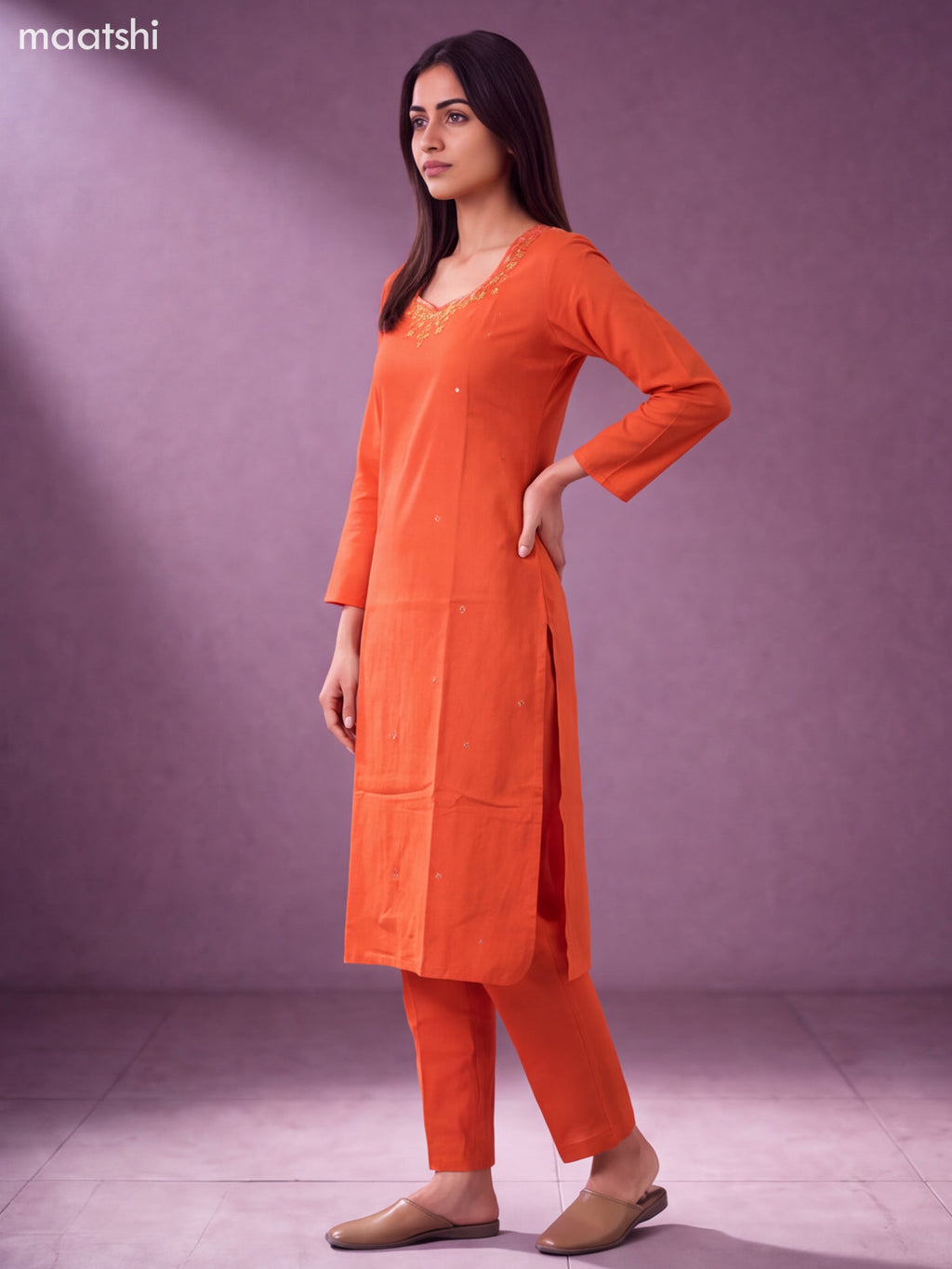 Orange Cotton Embroidery Work Kurti Set