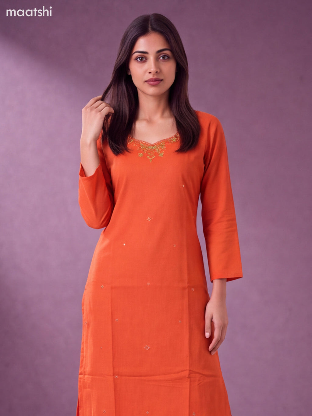 Orange Cotton Embroidery Work Kurti Set