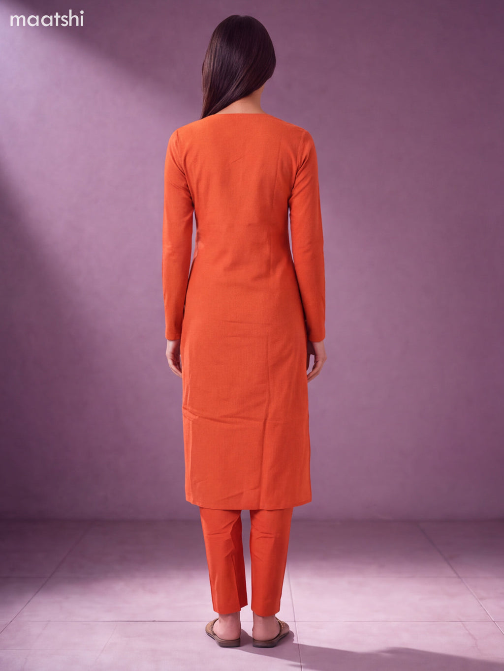 Orange Cotton Embroidery Work Kurti Set