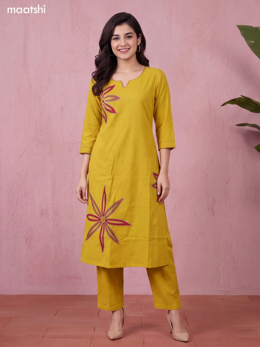 Yellow and Maroon Cotton Bold Floral Embroidery Work Kurti Set