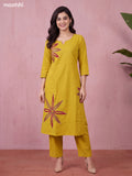 Yellow and Maroon Cotton Bold Floral Embroidery Work Kurti Set