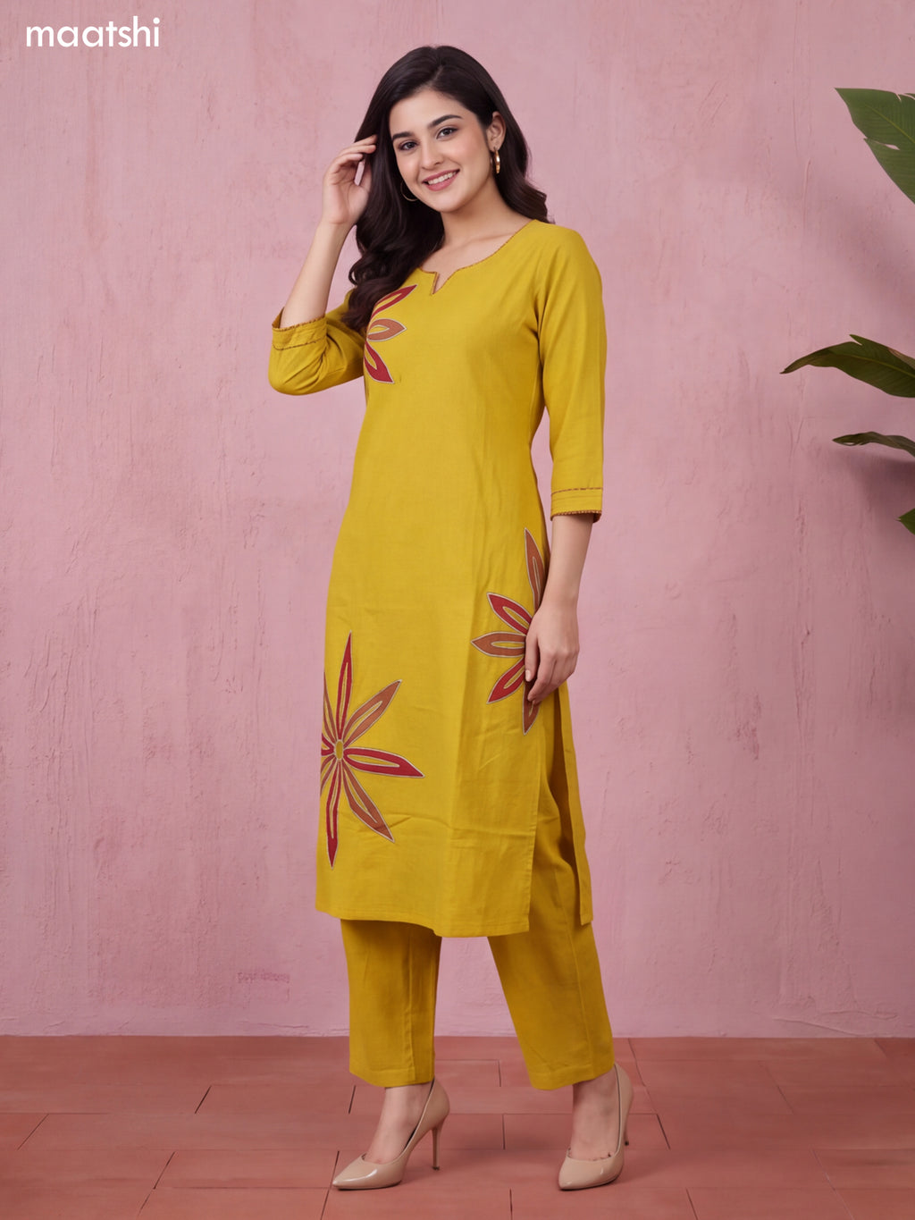 Yellow and Maroon Cotton Bold Floral Embroidery Work Kurti Set