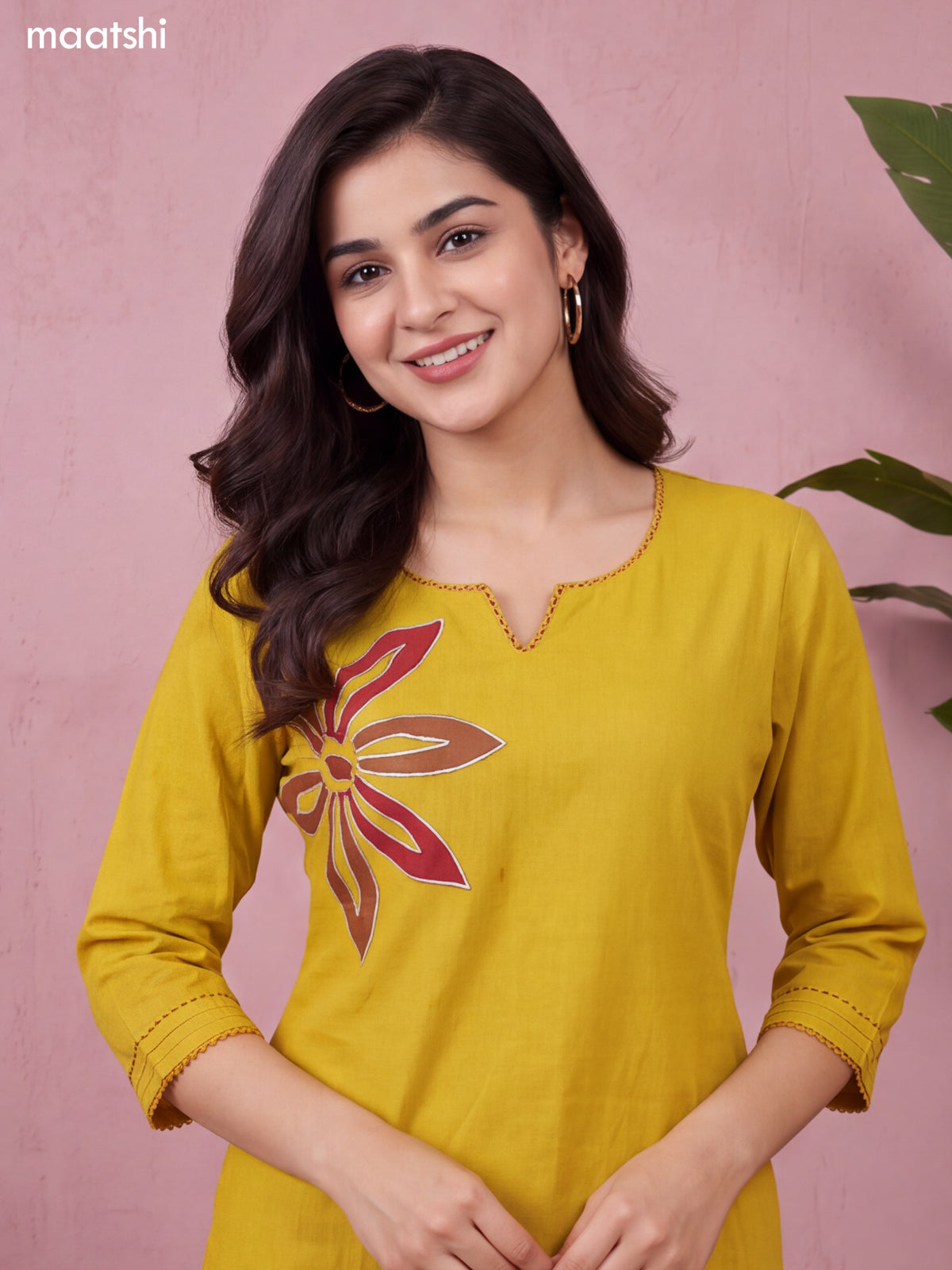 Yellow and Maroon Cotton Bold Floral Embroidery Work Kurti Set
