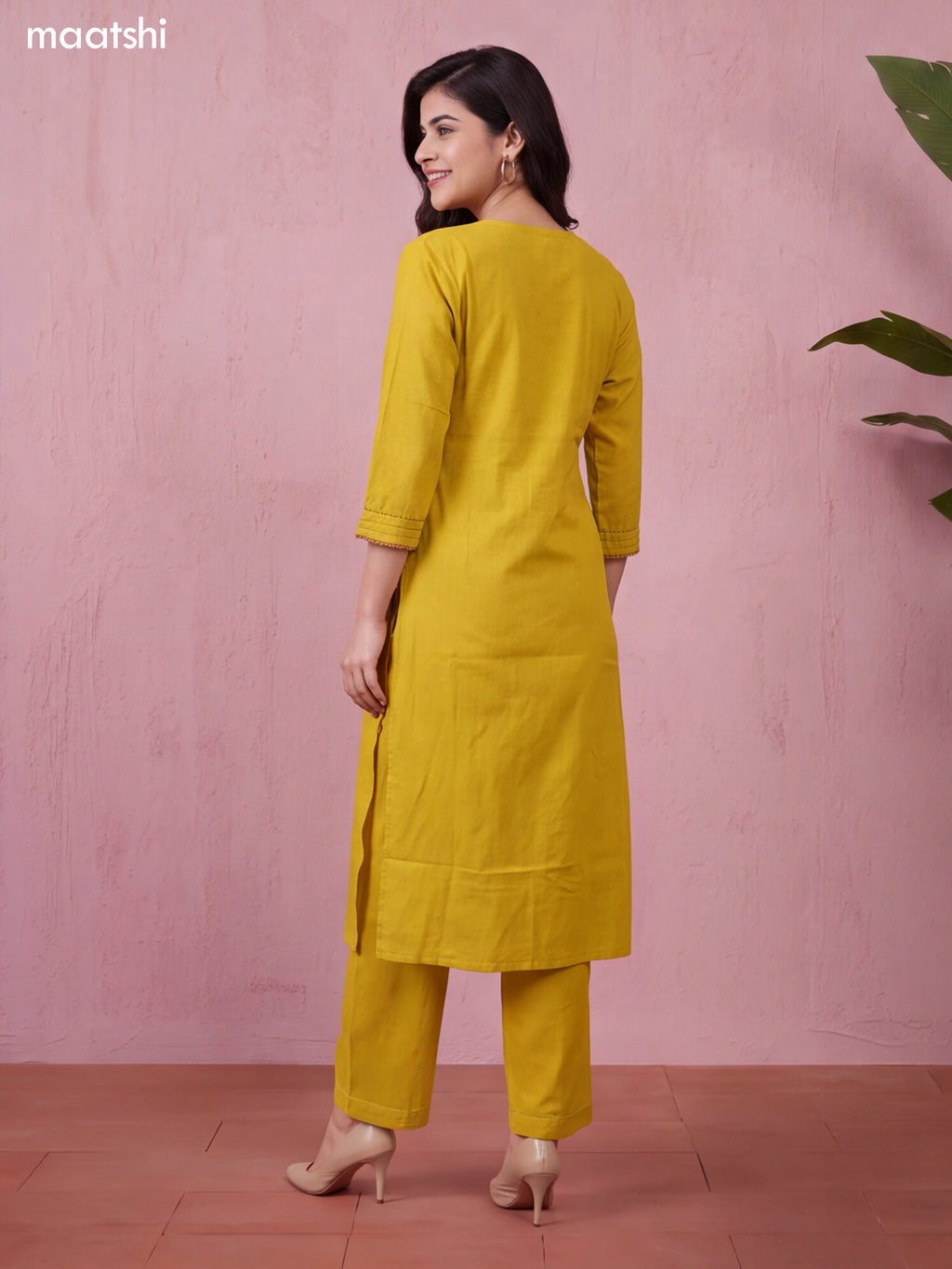 Yellow and Maroon Cotton Bold Floral Embroidery Work Kurti Set