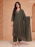 Dark Mehandi Green Cotton Floral Embroidery Work Neckline Straight Suit