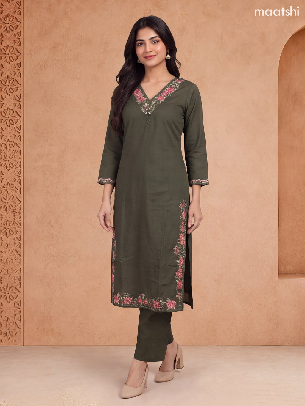 Dark Mehandi Green Cotton Floral Embroidery Work Neckline Straight Suit