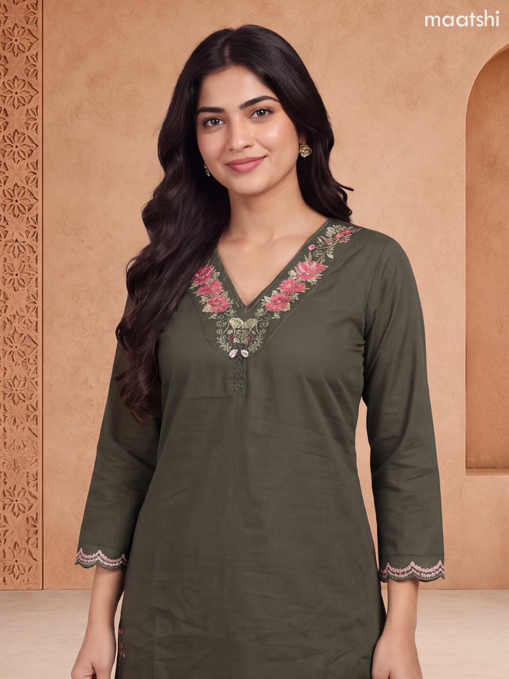 Dark Mehandi Green Cotton Floral Embroidery Work Neckline Straight Suit