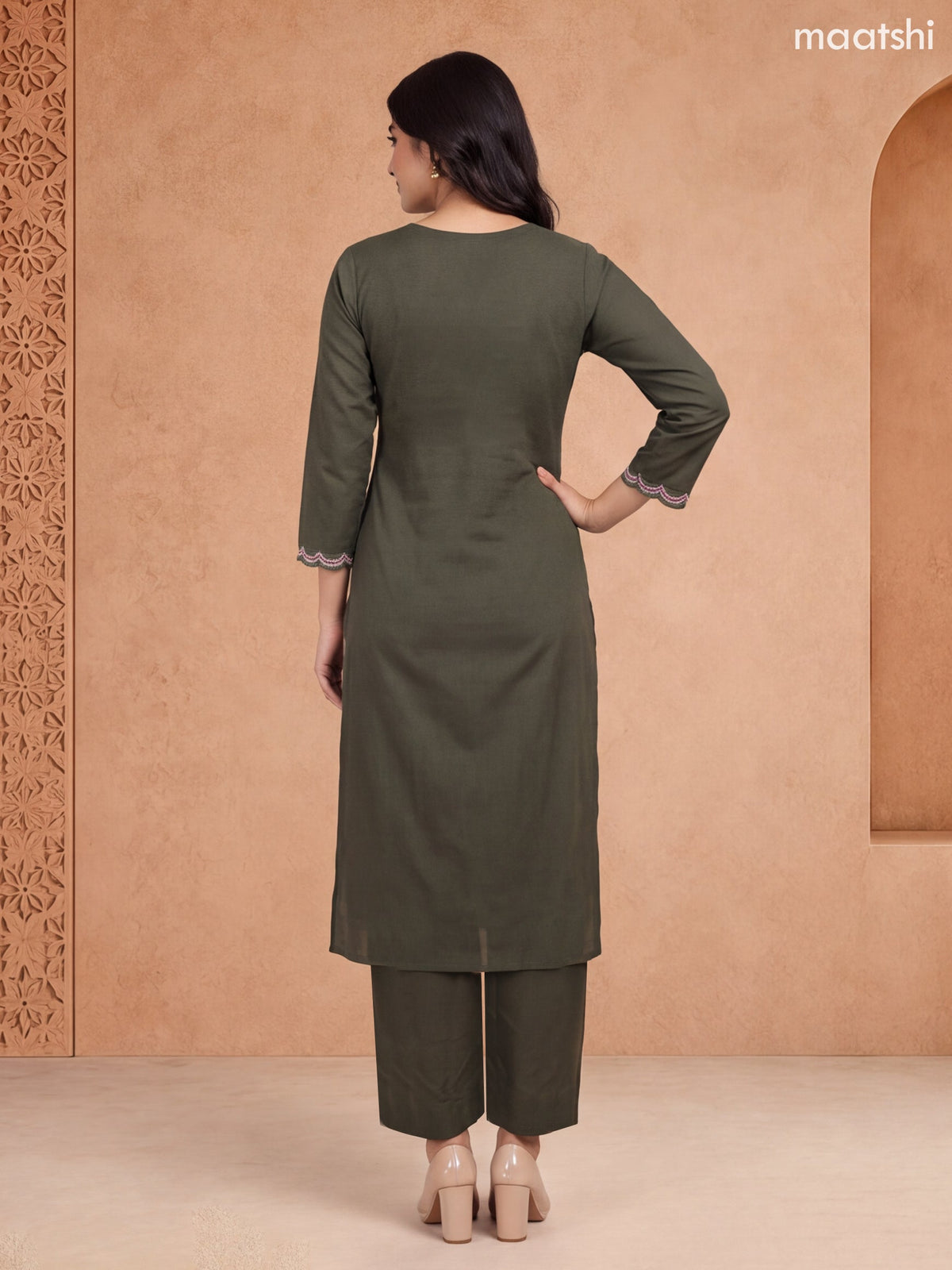 Dark Mehandi Green Cotton Floral Embroidery Work Neckline Straight Suit