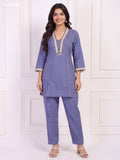 Bluish Grey Cotton Geometric Lace Embroidery Work Short Co-Ord Set