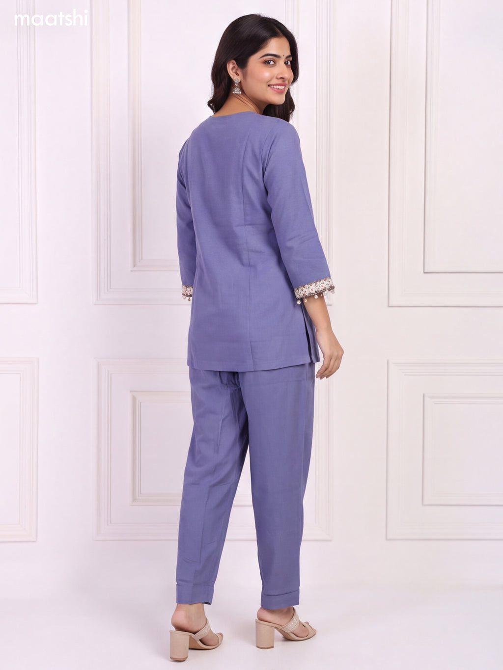 Bluish Grey Cotton Geometric Lace Embroidery Work Short Co-Ord Set