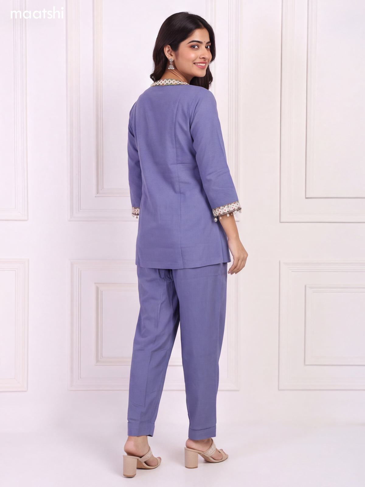 Bluish Grey Cotton Geometric Lace Embroidery Work Short Co-Ord Set