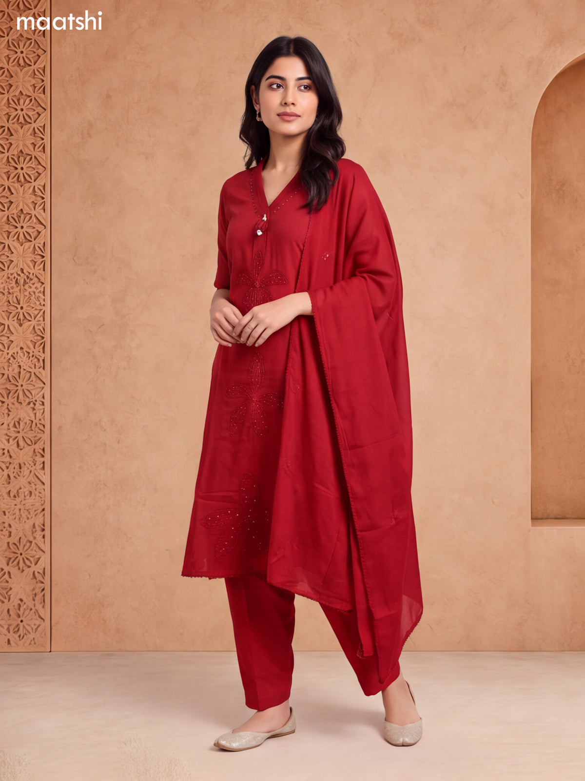 Dark Rust Cotton Embroidery Work A-Line Suit
