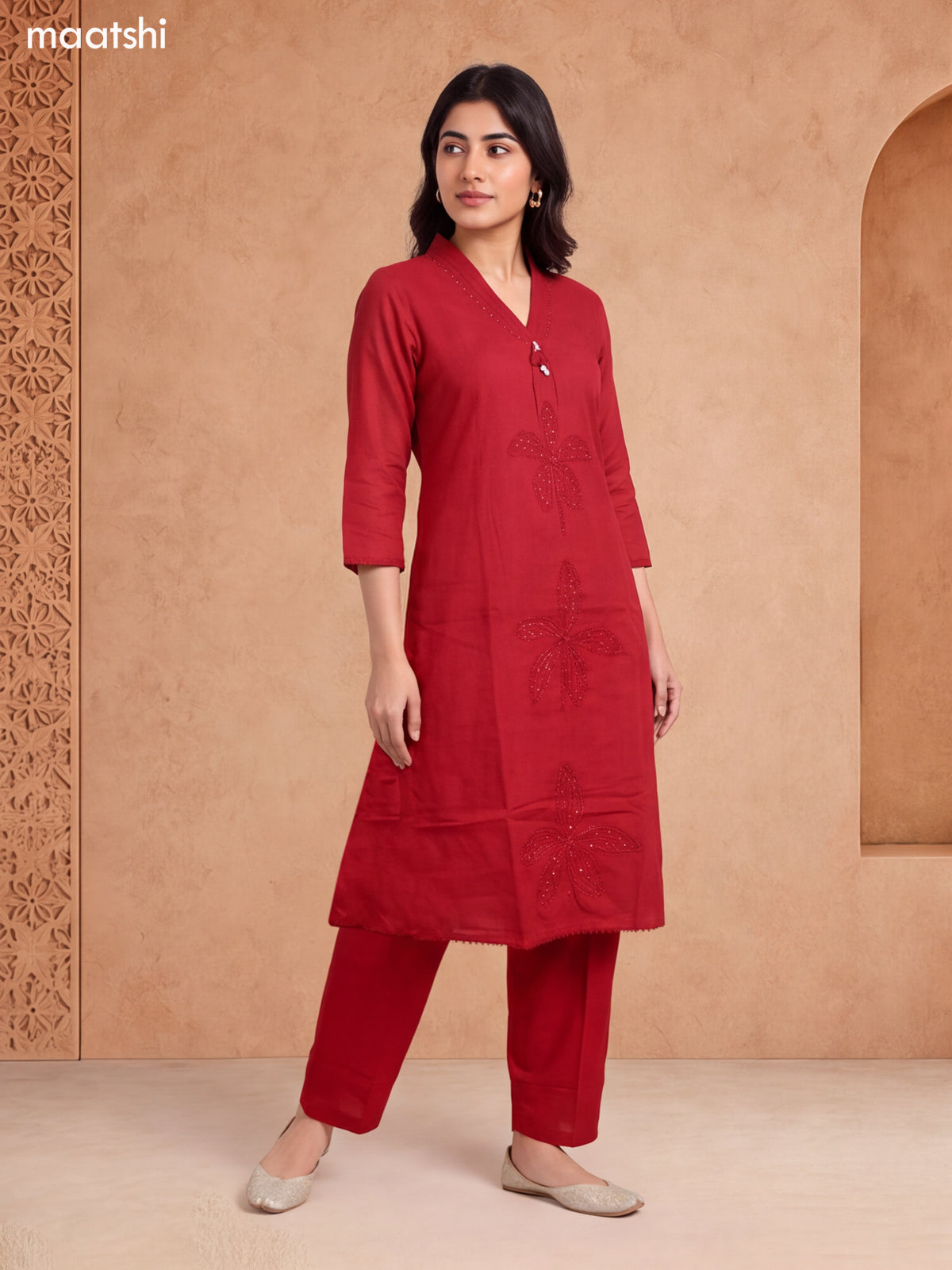 Dark Rust Cotton Embroidery Work A-Line Suit