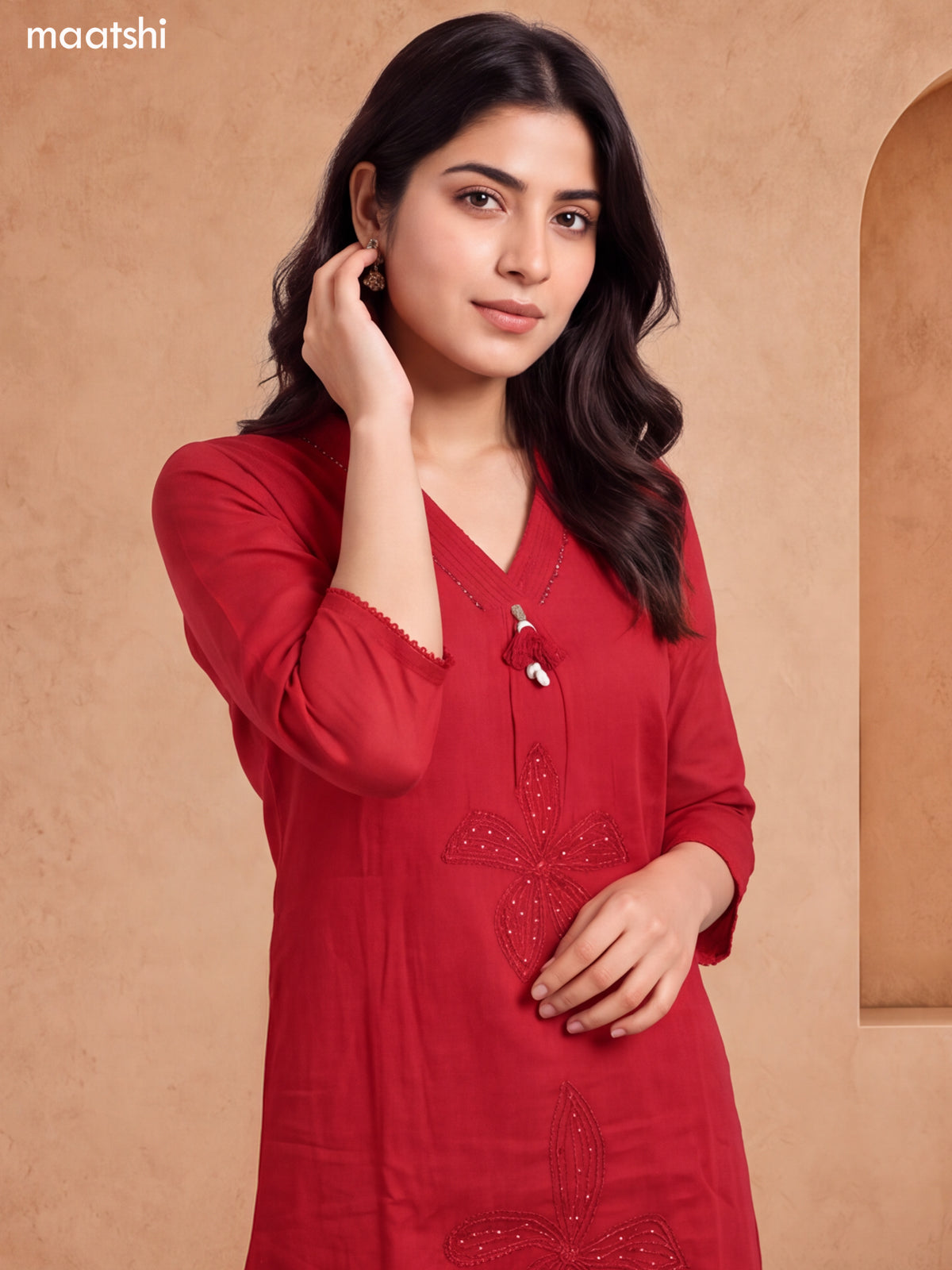 Dark Rust Cotton Embroidery Work A-Line Suit