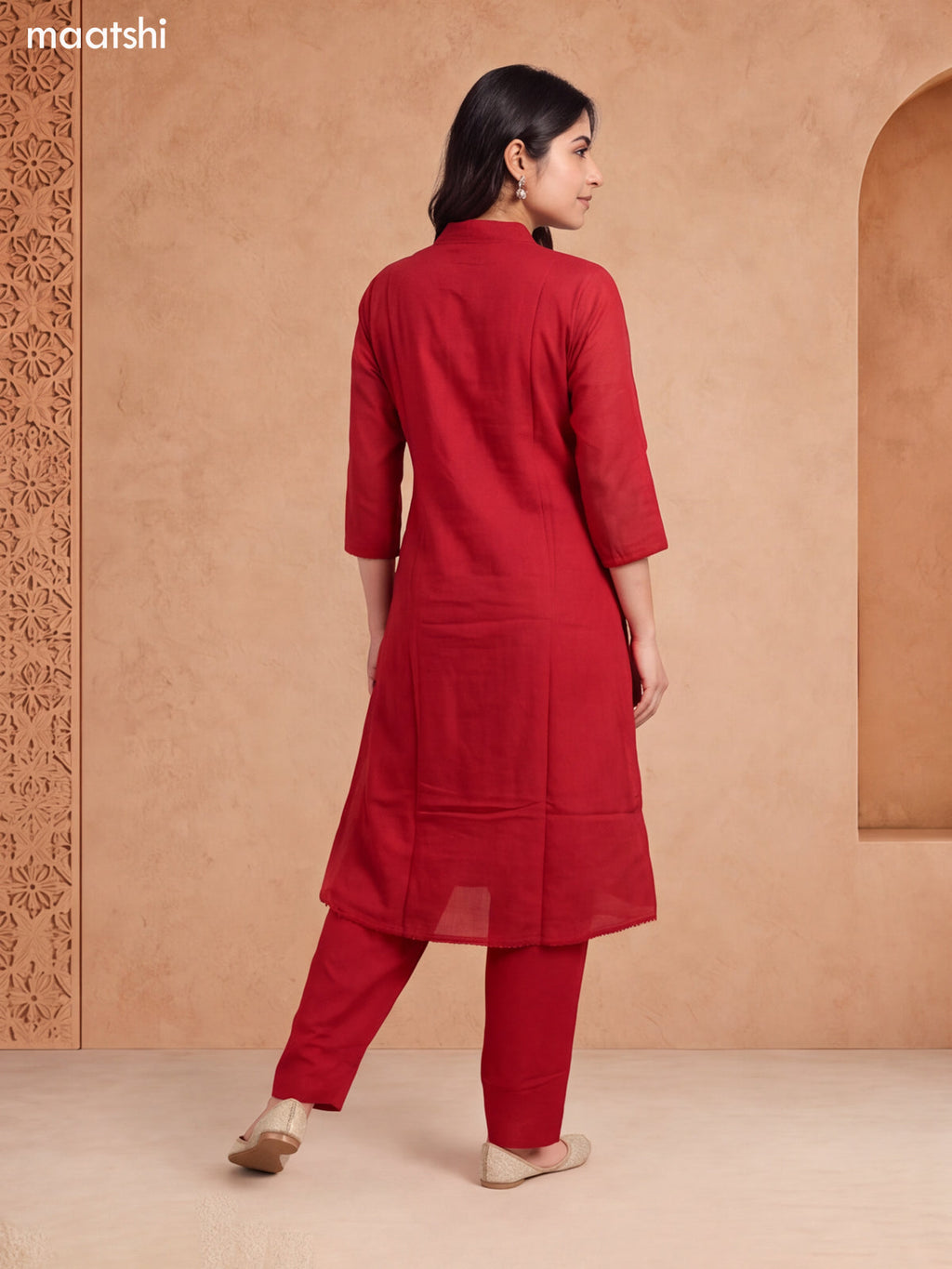 Dark Rust Cotton Embroidery Work A-Line Suit
