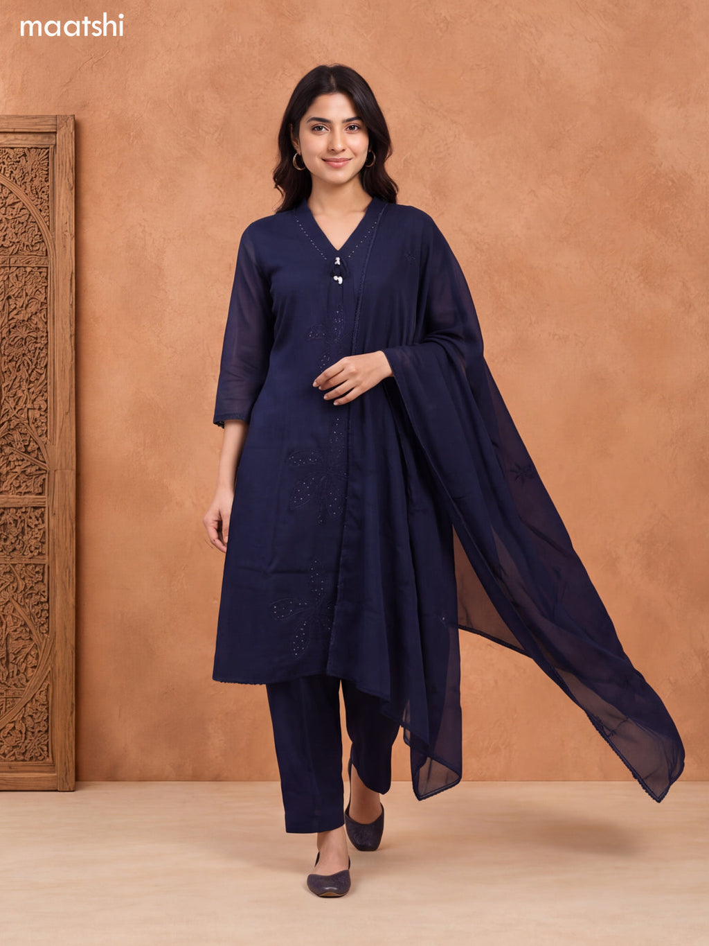 Deep Navy Blue Cotton Embroidery Work A-Line Suit